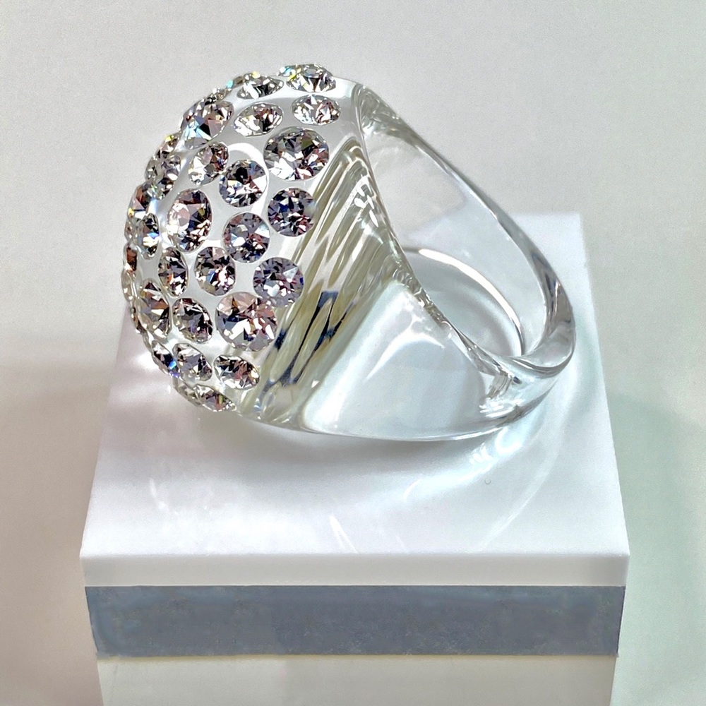 Women’s Acrylic Ring With Crystal Embellished Stones, Statement Ring, Clear